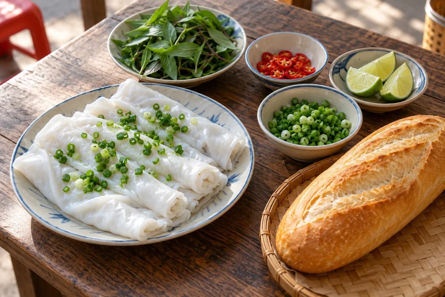 Bánh mướt, bánh mì, rau răm và gia vị ăn kèm