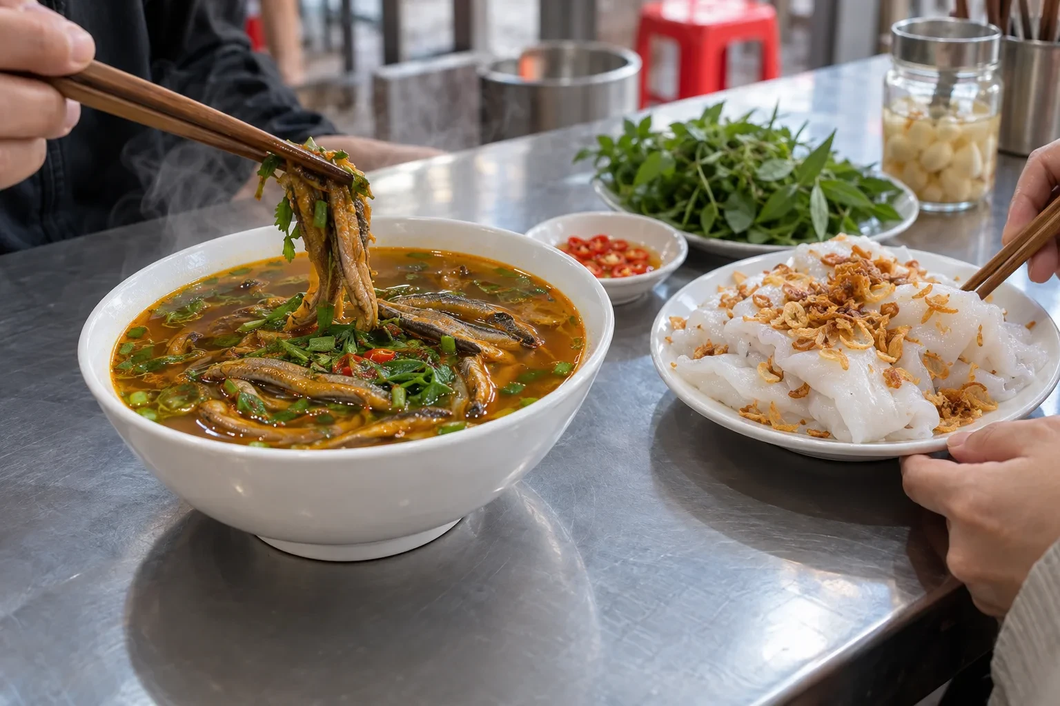 Minh họa bữa sáng lươn và bánh mướt
