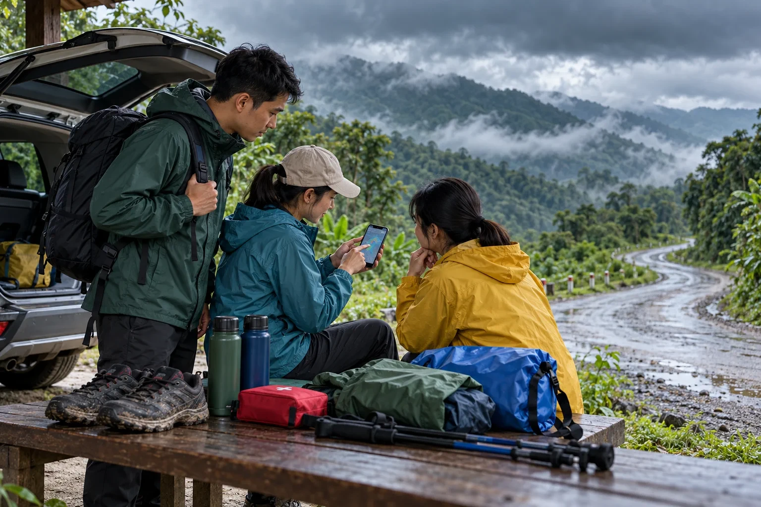Minh họa kiểm tra thời tiết và trang bị trước đường núi