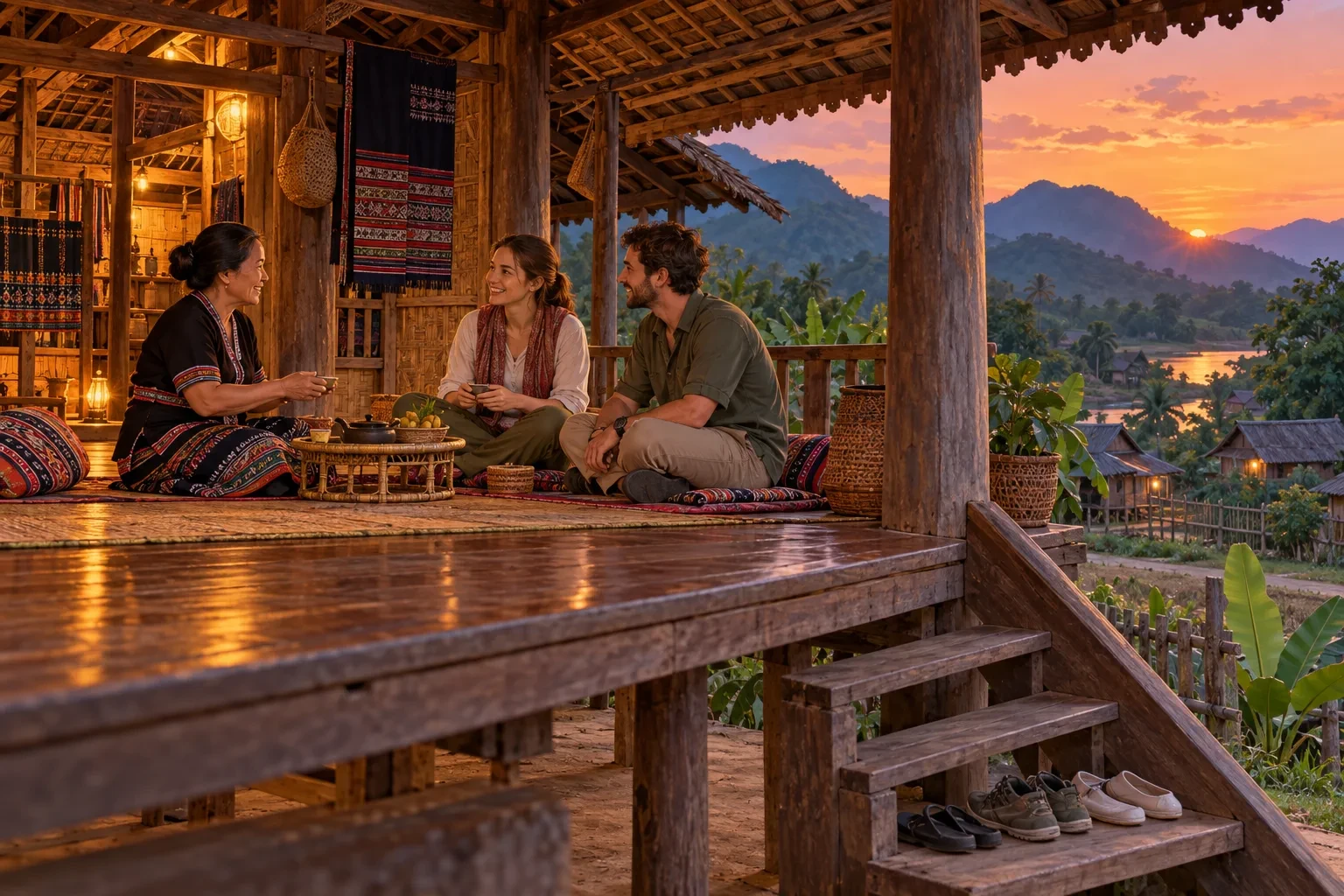 Minh họa khách trò chuyện với chủ nhà trong nhà sàn