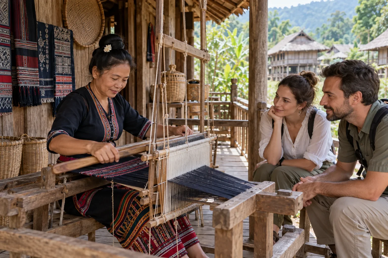 Minh họa du khách quan sát người thợ dệt tại Bản Nưa