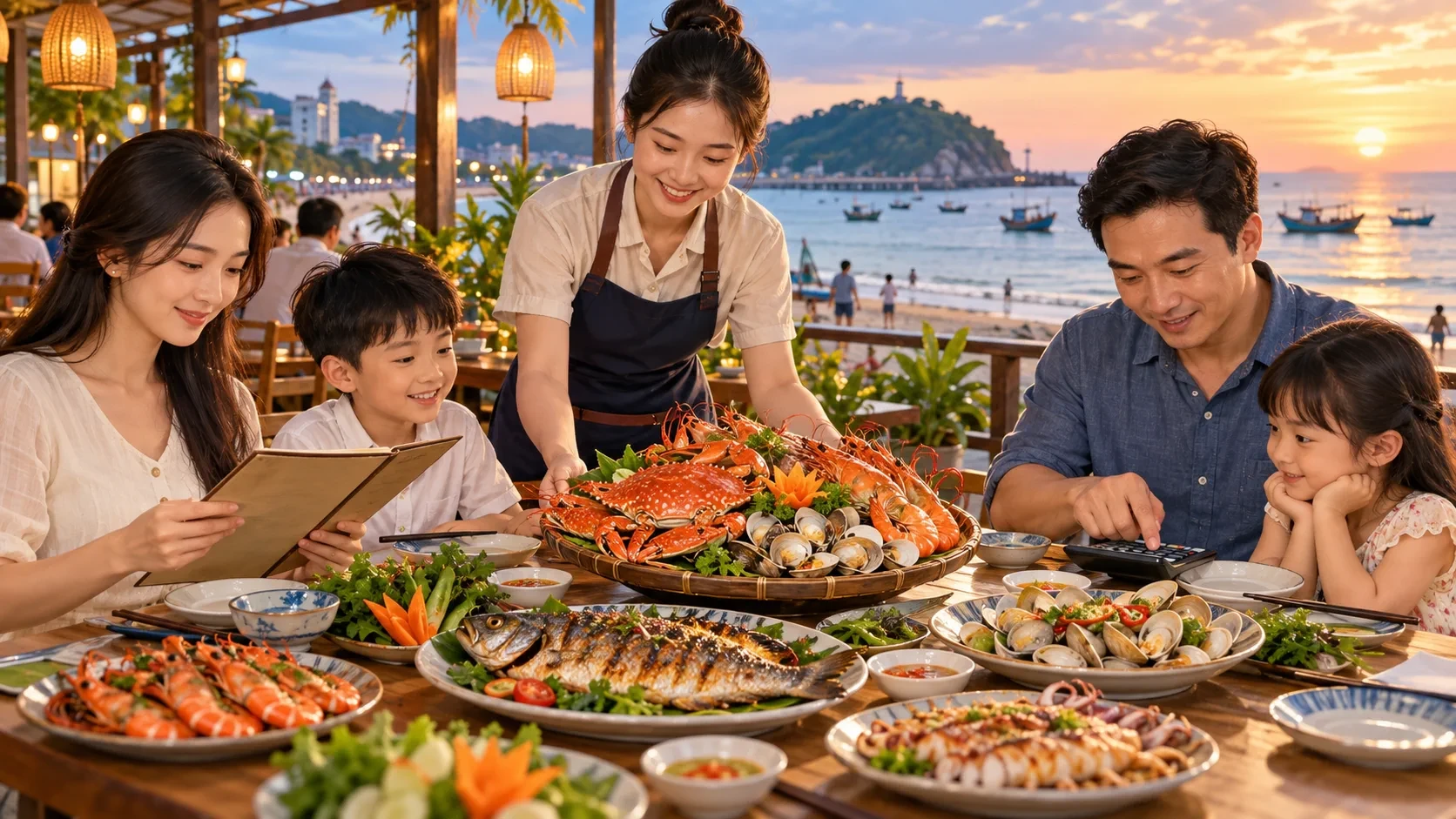 Minh họa gia đình gọi món hải sản tại Cửa Lò