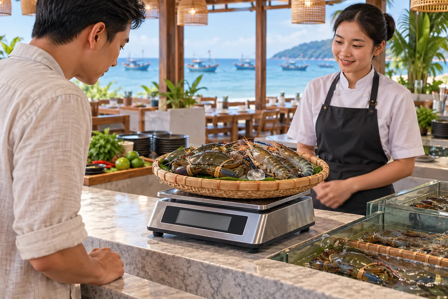 Minh họa khách quan sát cân hải sản