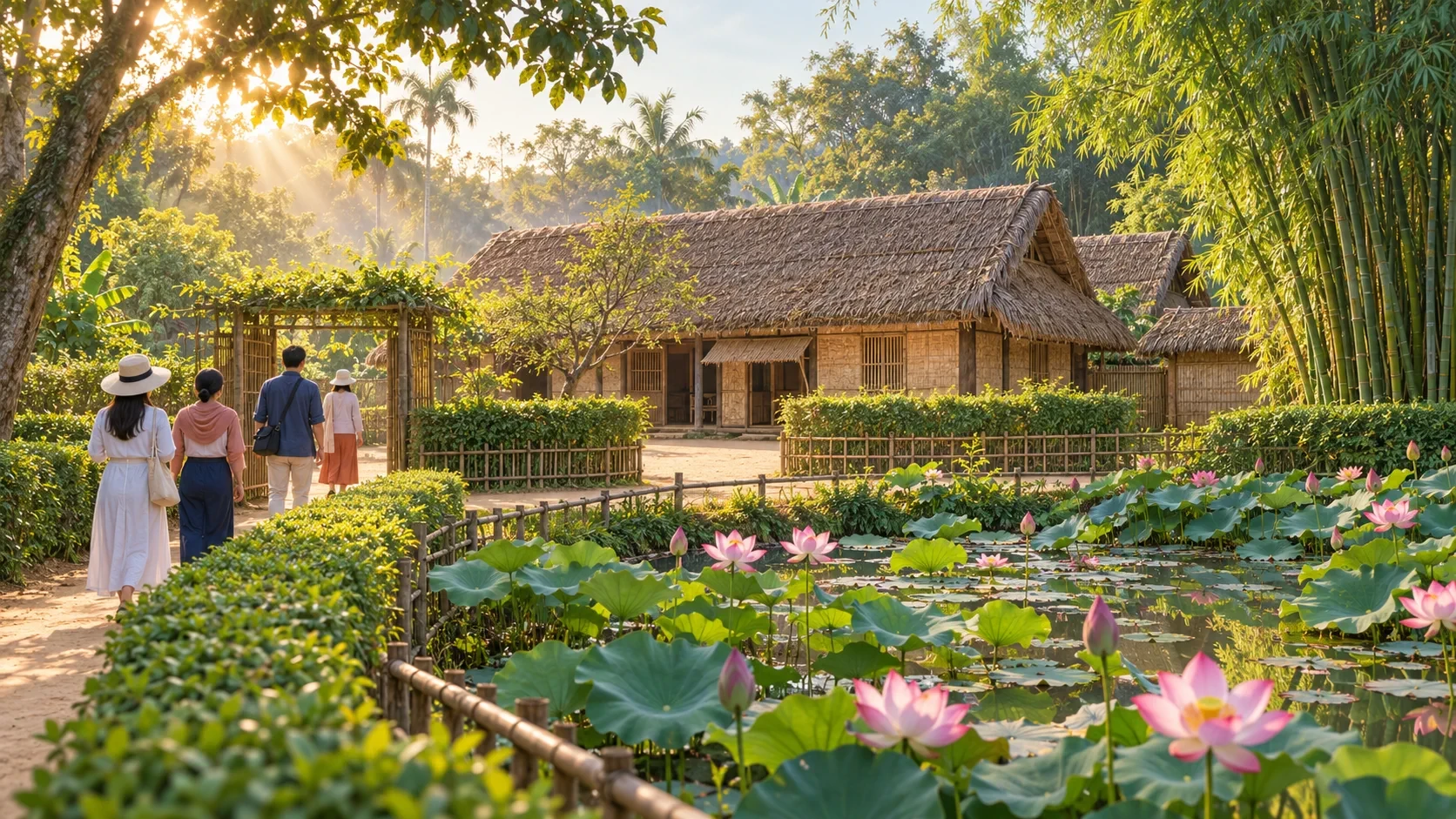 Minh họa không gian làng quê và nhà tranh trong hành trình Kim Liên