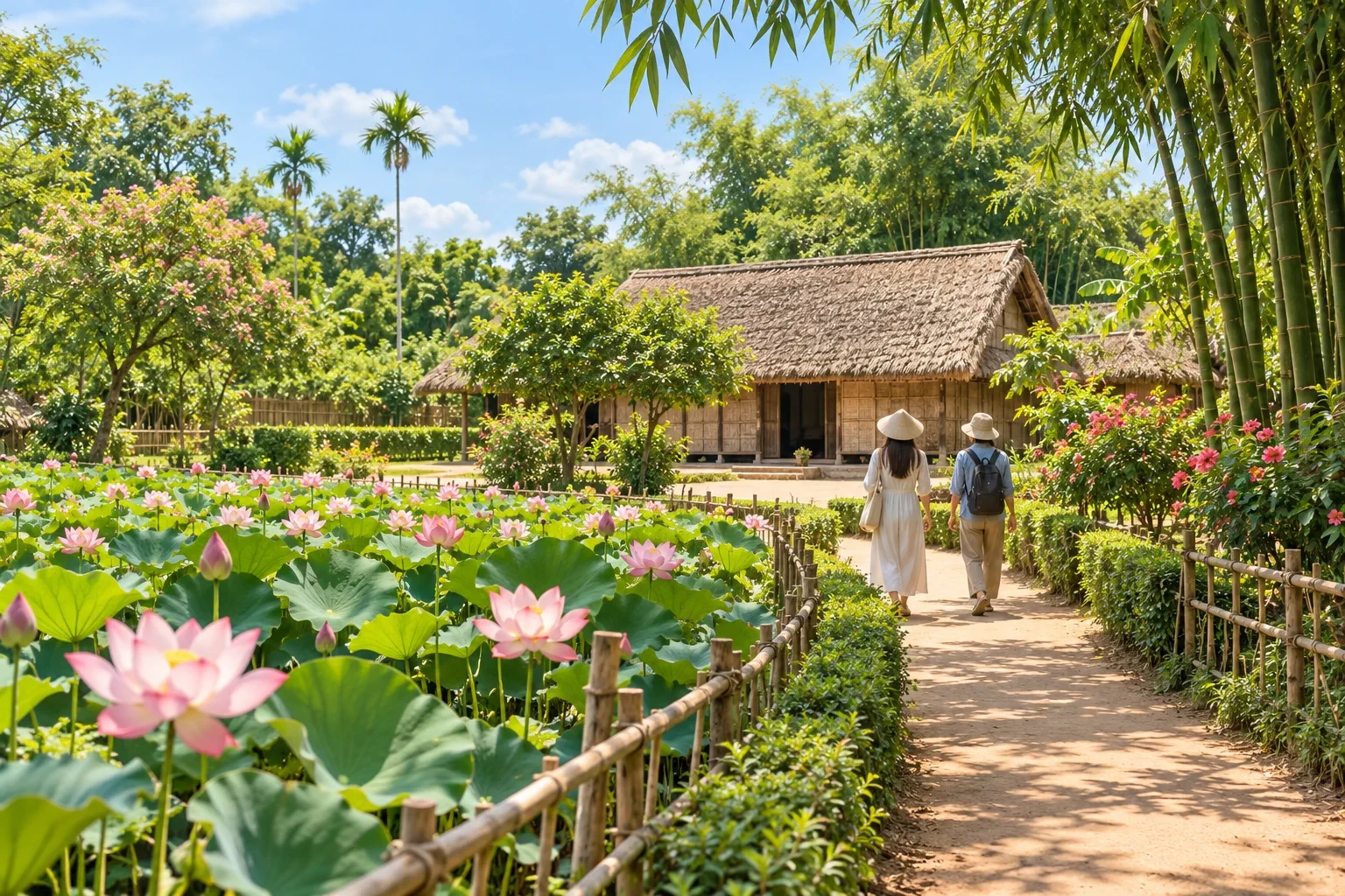 Minh họa đường làng, ao sen và nếp nhà truyền thống