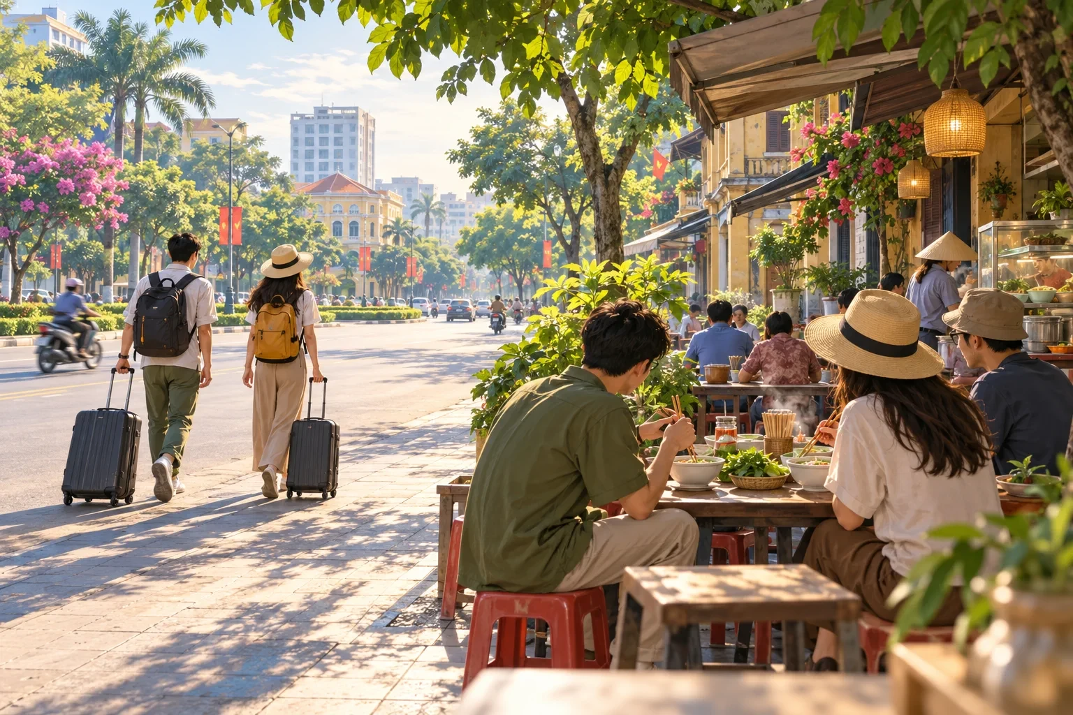 Minh họa khách đến Vinh và ăn sáng tại quán địa phương