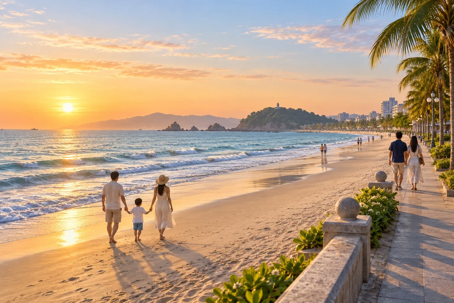 Minh họa gia đình đi bộ trên bãi biển Cửa Lò