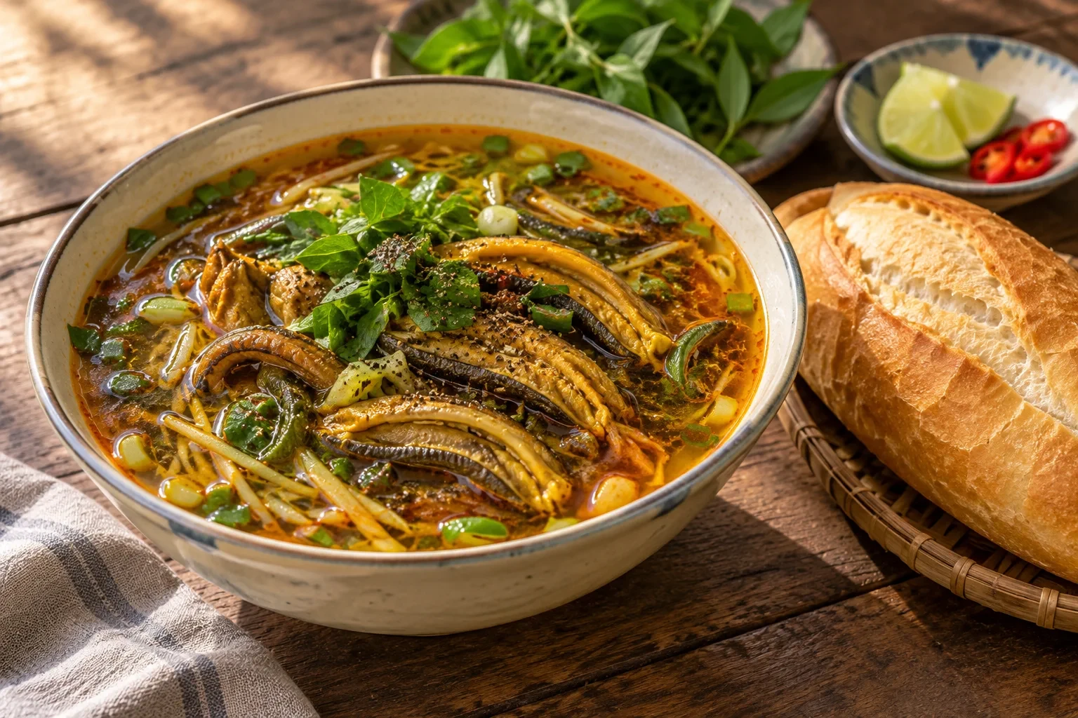 Bát súp lươn ăn cùng bánh mì