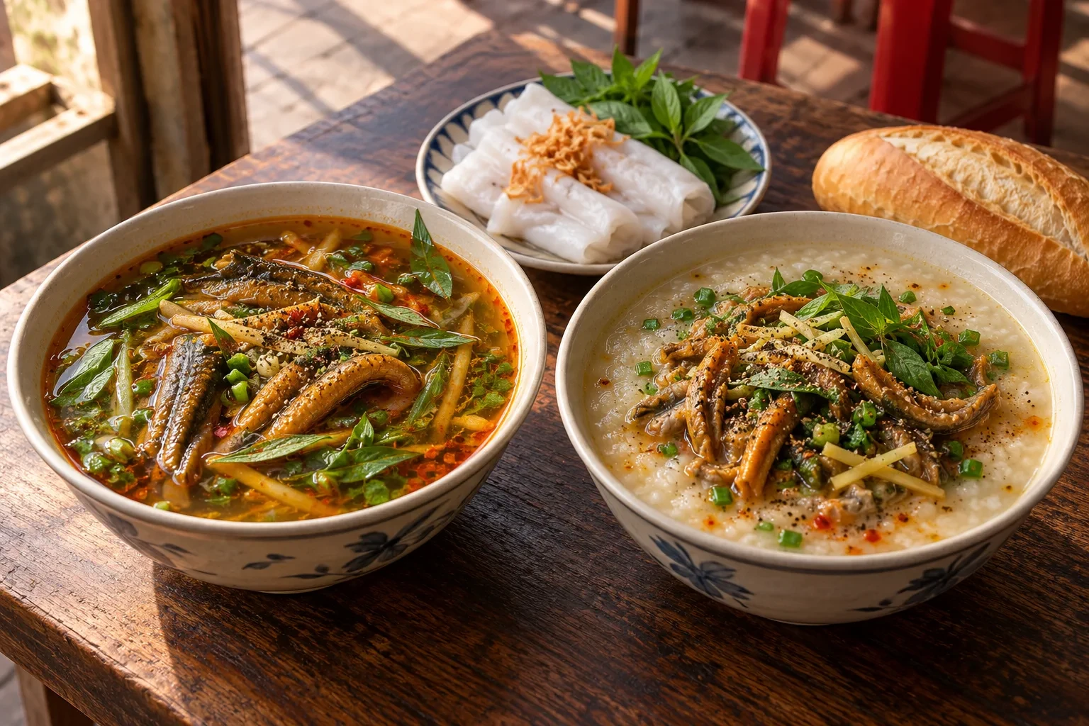 Hai bát súp lươn và cháo lươn đặt cạnh bánh mướt và bánh mì