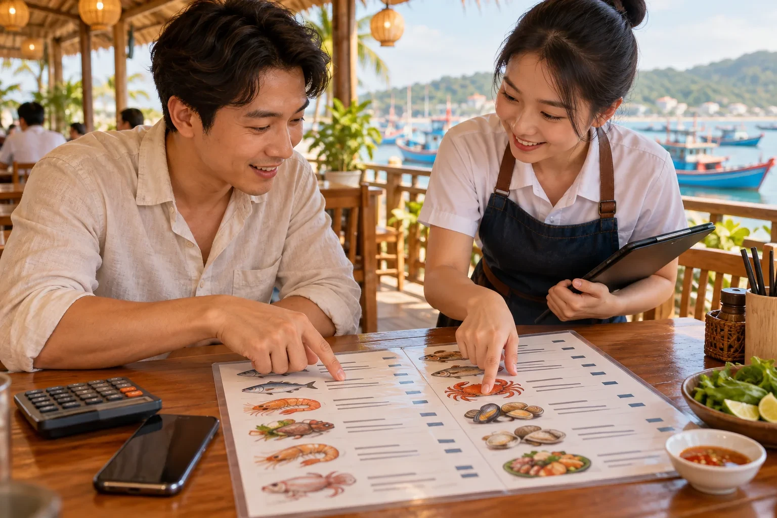 Minh họa khách và nhân viên cùng xem bảng món